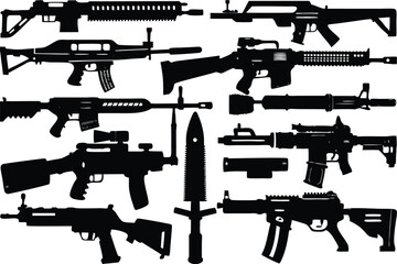 Vector Weapons Silhouette Bundle Isolated Machine Gun silhouettes Set