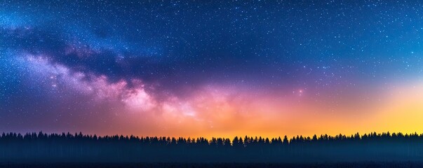 Fototapeta premium Dark sky idea. Stunning night sky with vibrant colors and silhouetted trees at the horizon.