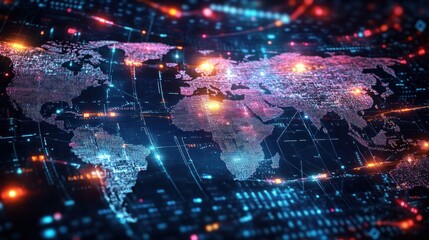 Fototapeta premium Futuristic Digital Art of Media Streams and Cyber Communication on a Glowing World Map