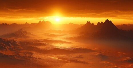 Titan Alien Landscape with Hydrocarbon Lakes and Rocky Mountains at Sunrise