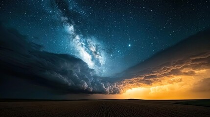Fototapeta premium Dark sky idea. Stunning night sky displaying stars and clouds during sunset in a rural landscape.