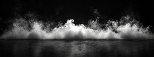Fototapeta premium Abstract dark atmosphere with swirling white smoke and mist on textured black surface, minimalist concept for tech startup presentations, cosmetic ads or mysterious event promotions.