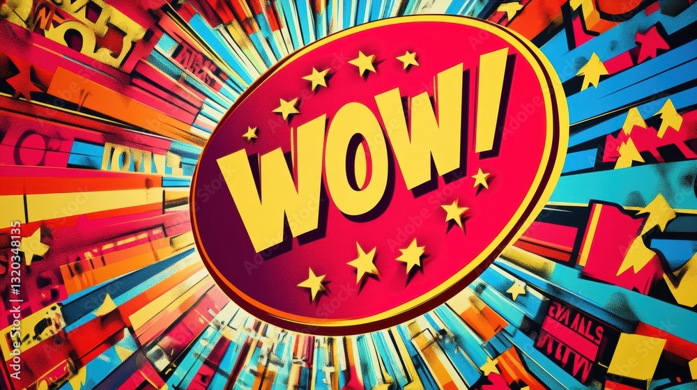 Poster bold comic style speech bubble displaying the word wow surrounded by vivid colors and discount patte