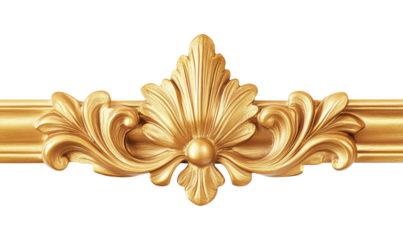 Elegant horizontal golden decorative bar with a delicate flower in the center, isolated on a transparent background