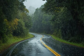 Fototapeta premium Rainy road curving through lush green forest. Perfect for illustrating weather, travel, or nature themes.