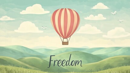 Obraz premium Hot air balloon freedom hills landscape. Pastel colors evoke peace. AI generated