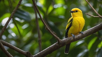 Iora Perched on a Branch, Bathed in the Warm Morning Sunlight of the Tropics