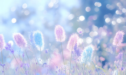 Naklejka premium Dreamy pastel-colored wildflowers bathed in soft sunlight, creating a serene and peaceful atmosphere. Perfect for backgrounds, websites, or calming imagery.
