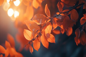 Autumn leaves backlit by golden sunlight