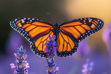 Obraz premium Macro Photography of Monarch Butterfly on Lavender Flowers - Vibrant Nature Scene and Pollination in Botanical Garden