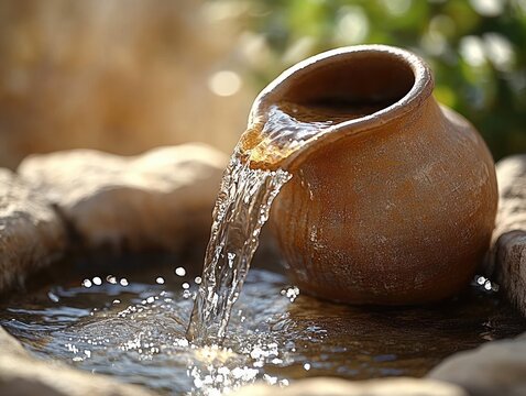 Clay Pitcher Pouring Water into Rustic Stone Basin in Natural Light