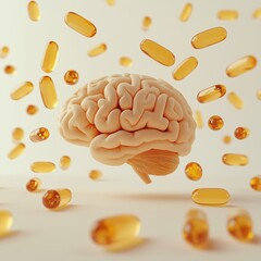 Human brain and golden capsules representing neuroscience and pharmaceutical therapy in a 3D illustration