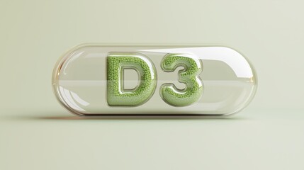 Transparent vitamin D3 capsule with green granules for health and immune support