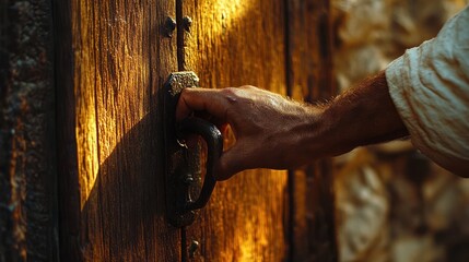 Knocking Hand on Rustic Wooden Door with Warm Light in Baroque Realism Style