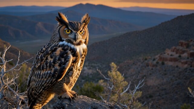 Great Horned Owl Perched on a Mountain Branch at Dusk, Its Piercing Eyes Glowing in the Twilight