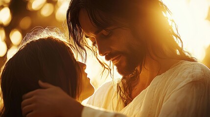 Jesus Christ Healing Woman in Warm Sepia Tones with Compassionate Gesture and Soft Light