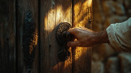 Hand Knocking on Rustic Wooden Door in Warm Light