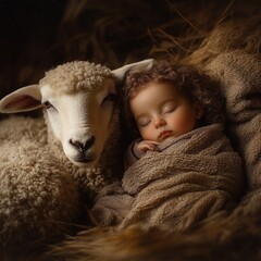 Naklejka premium Newborn Infant in Blanket Beside Sheep in Pastoral Setting Baroque Style