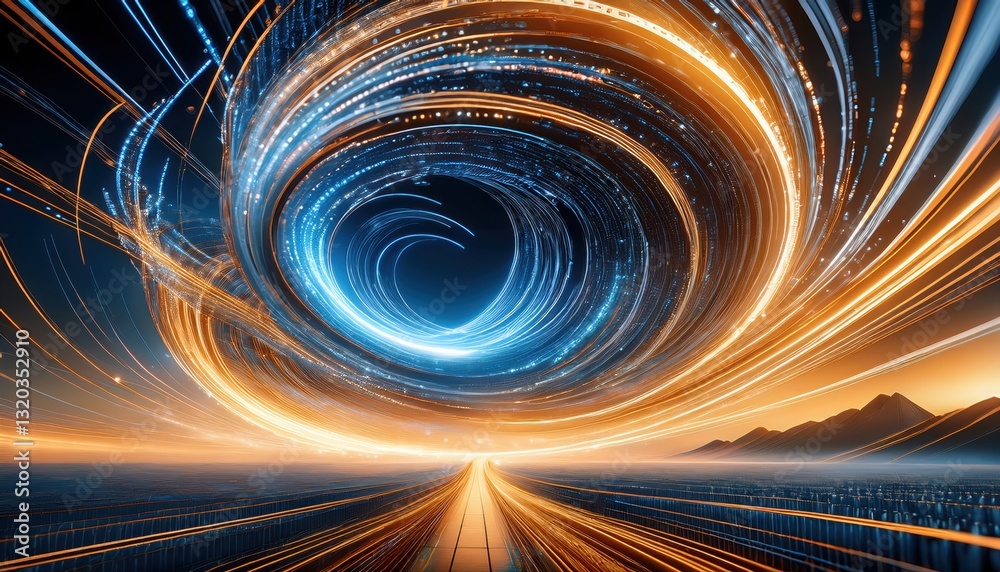 Poster illuminating tunnel of light representing a swirling vortex of data streams and ethical principles