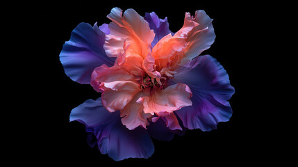 Naklejka premium A macro shot of a striking peony in full bloom, its ruffled petals displaying a seamless transition of deep violet and warm peach tones, illuminated by soft