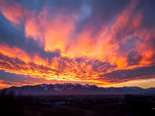 Fototapeta premium Sky on Fire: A breathtaking landscape showcases a vibrant sunrise or sunset, with a dynamic interplay of fiery red, orange.