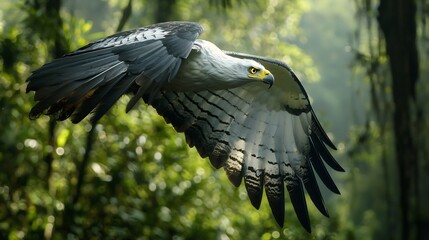 Powerful Harpy Eagle soaring over the Amazon canopy its piercing yellow eyes scanning the jungle for prey