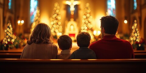 Fototapeta premium Christmas Family Scene in Church Prayer Celebration