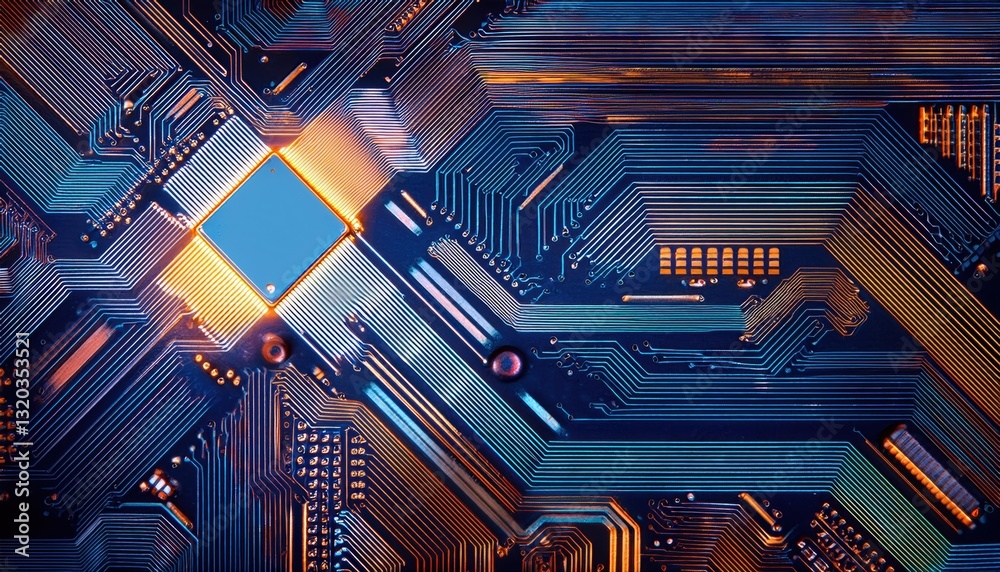Poster intricate computer circuit with a blue light shining through microchip components and transistors