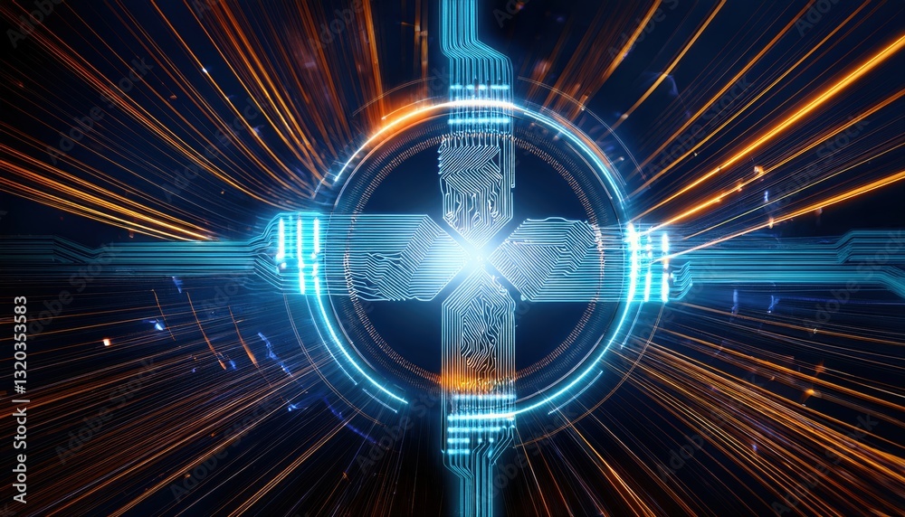 Poster unique cross made of lines representing a quantum computing core with digital energy pulses