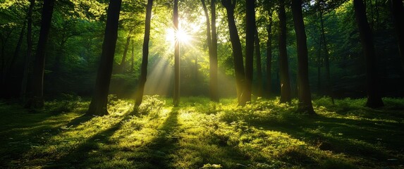 Obraz premium Sunlight Streams Through Canopy in Lush Forest Landscape, Illuminating Green Foliage and Creating a Dreamy Atmosphere