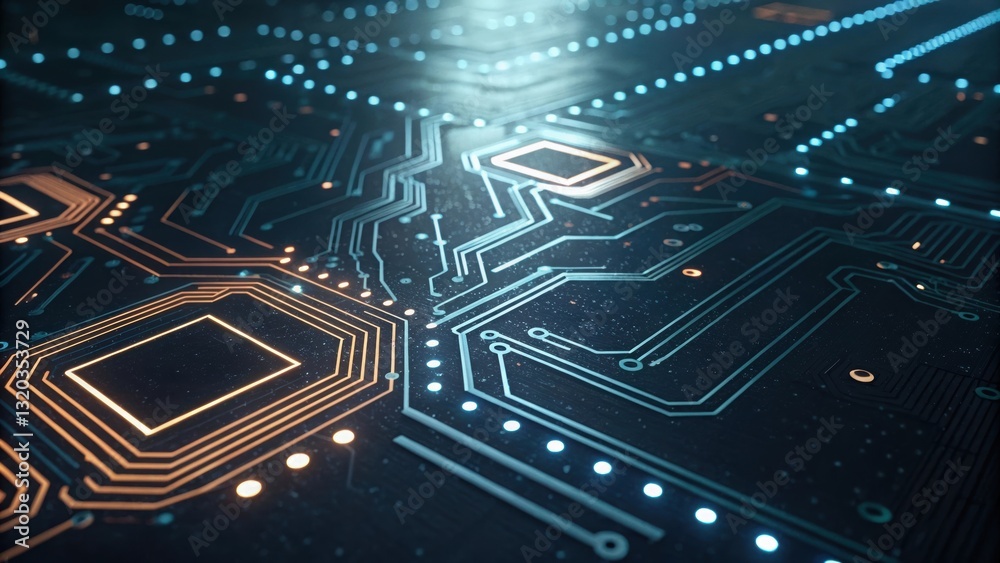 Poster futuristic circuit board displaying a pattern of glowing lights in an intricate seamless design