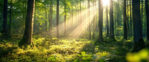 Obraz premium Sunlight Streaming Through Trees in Lush Green Forest, Create a Serene Atmosphere with Beautiful Natural Light and Vibrant Foliage in the Woods