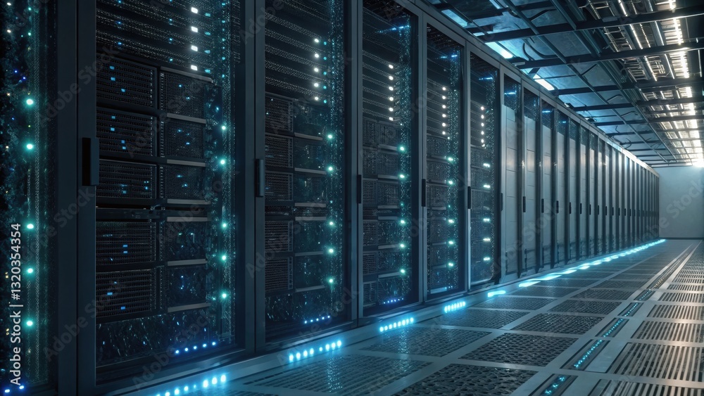 Poster high-tech server room showcasing multiple quantum computing core units in a modern facility environm