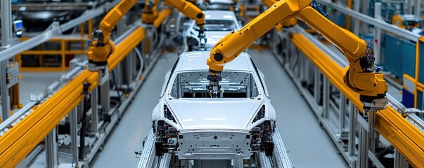 automated efficiency productivity performance concept. Automated assembly line with robotic arms in a manufacturing facility.