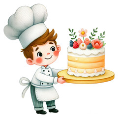Kids baking concept. A cheerful young chef holds a decorated cake, showcasing his baking skills in a colorful and playful illustration.