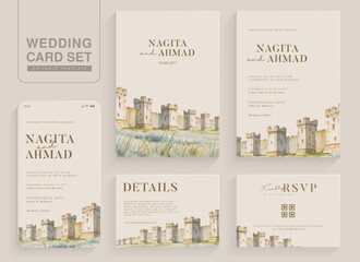 Set of Rustic Castle Wedding Invitation Design