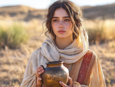 Biblical Woman in Robe Holding Jug in Desert Landscape