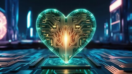 Obraz premium Heart shaped circuit with a central circuit representing the ethical development of ai in society