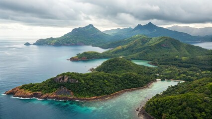 Obraz premium Tropical island surrounded by crystal clear waters representing uplifted islands in digital terrain