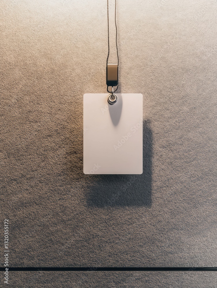 Poster minimalist work badge hanging on textured office wall under soft lighting creates a serene atmospher