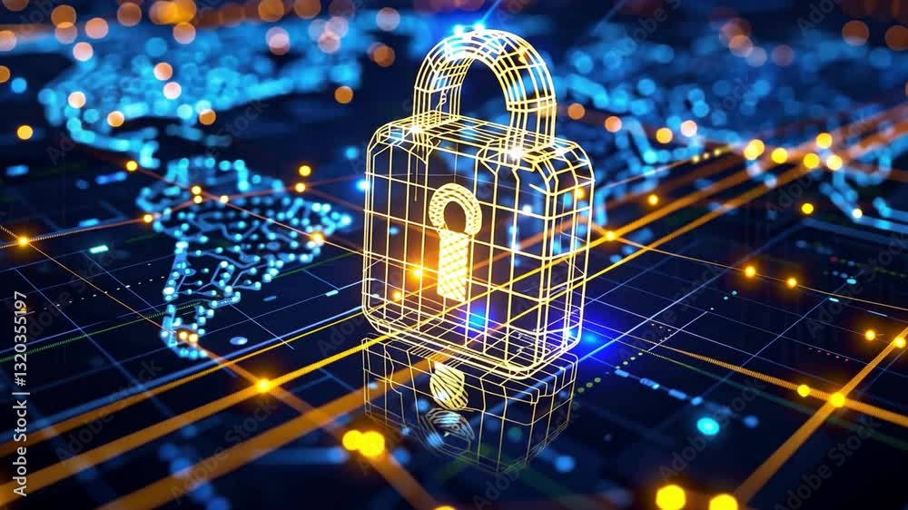 Poster digital lock symbolizing cybersecurity and data protection in networked world with focus on secure c