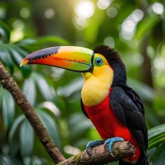 Obraz premium Colorful Toucan Resting on a Branch, Illuminated by Sunlight in a Lush Tropical Rainforest