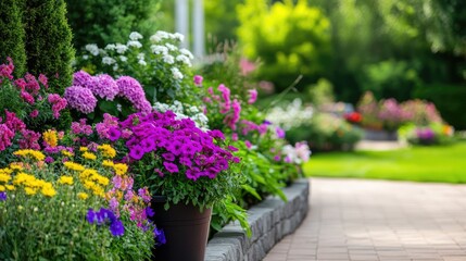 Vibrant Flower Garden Along Pathway with Colorful Blooms in Spring