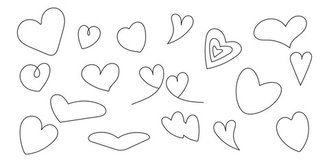 Set of hand-drawn heart outlines in various shapes and styles. Simple black contour illustrations for Valentines Day, wedding designs, love-themed decorations and graphic projects
