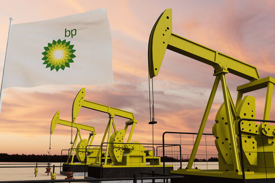 Nice pumpjack oil extraction and cloudy sky in sunset with the BRITISH PETROLEUM BP flag UK UNITED KINGDOM 3D rendering
