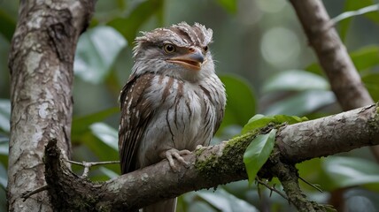 Peaceful Frogmouth Perched on a Branch, Perfectly Camouflaged in the Calm Forest Surroundings