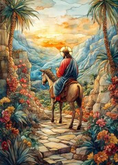 Fototapeta premium Jesus Christ Entry into Jerusalem on Donkey with Palm Leaves and Flowers Illustration
