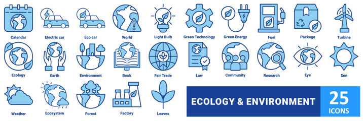 Ecology And Environment icon set. with icon calendar, electric car, eco car, world, light bulb, green technology, green energy, fuel, package, turbine, ecology, earth, environment, book, fair trade 