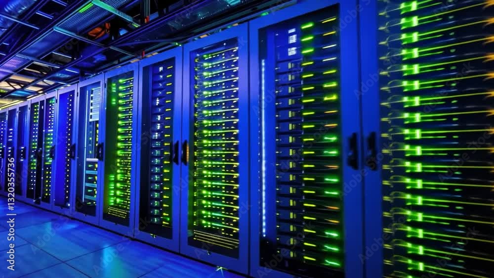 Poster illuminated server racks in modern data center highlight advanced technology and infrastructure with