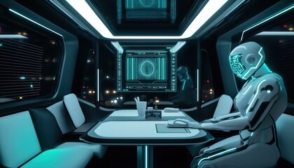 Futuristic Robot Waiter Serving in Neon Restaurant - Automated Service